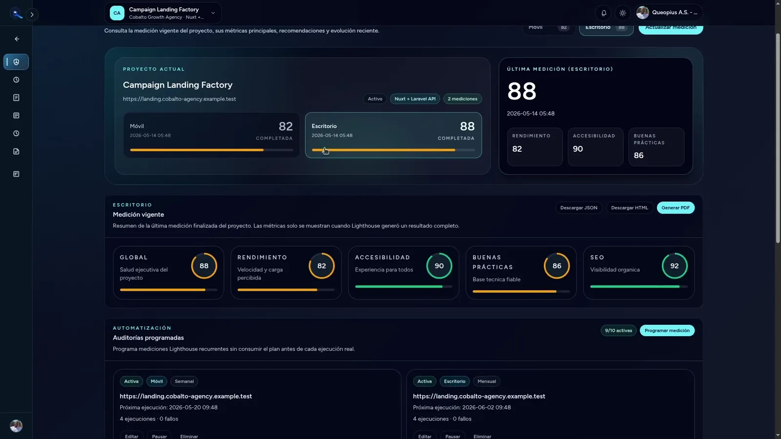Lighthouse monitor view with Mobile and Desktop metrics.